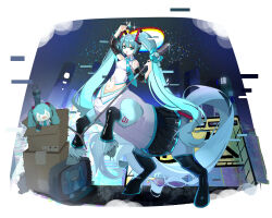 Rule 34 | 1girl, :d, absurdres, aqua eyes, aqua fur, aqua hair, aqua necktie, arm up, bare shoulders, black boots, black skirt, black sleeves, boots, box, breasts, cardboard box, centaur, character doll, collared shirt, commentary, crop top, detached sleeves, distortion, doll, english commentary, fang, full body, grey shirt, hair between eyes, hair ornament, hatsune miku, headset, highres, holding, holding microphone stand, hooves, horse tail, leg warmers, long hair, looking at viewer, medium breasts, microphone, microphone stand, midriff, monster girl, monsterification, multiple legs, navel, necktie, neoz (jjfk8828), night, number tattoo, open mouth, pleated skirt, rearing, shirt, sidelocks, skin fang, skirt, sleeveless, sleeveless shirt, smile, solo, sparkle, standing, tachi-e, tail, tail ornament, tattoo, taur, television, thigh boots, triangle mouth, twintails, variant set, very long hair, vocaloid