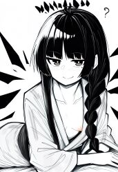 Rule 34 | 1girl, ?, arknights, braid, breasts, closed mouth, collarbone, detached wings, greyscale, halo, highres, japanese clothes, kimono, long hair, looking at viewer, makigirisu, mole, mole under eye, monochrome, nipples, no bra, small breasts, smile, solo, spot color, virtuosa (arknights), wings