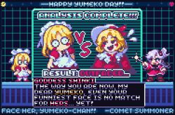 Rule 34 | 3girls, apron, blonde hair, blue eyes, bow, breasts, capelet, comet summoner98, dress, elly (touhou), english text, frills, hair bobbles, hair ornament, hat, long hair, long sleeves, maid, maid headdress, multiple girls, one side up, open mouth, pixel art, pointer, puffy short sleeves, puffy sleeves, red dress, ribbon, shinki (touhou), short hair, short sleeves, smile, smug, touhou, touhou (pc-98), white hair, wings, yellow eyes, yumeko (touhou)