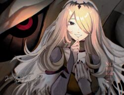 1girl black_choker black_dress blonde_hair breasts choker cynthia_(pokemon) cynthia_(sygna_suit)_(renegade)_(pokemon) dress eyelashes gen_4_pokemon giratina giratina_(altered) grey_eyes hair_over_one_eye hand_up highres kagi0487_(weiss_9610) legendary_pokemon long_hair long_sleeves looking_at_viewer nintendo official_alternate_color official_alternate_costume pokemon pokemon_(creature) pokemon_dppt pokemon_masters_ex smile solo tiara very_long_hair