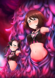 2girls absurdres asymmetrical_bangs black_collar black_hair black_sports_bra blush breasts brown_eyes brown_hair clenched_teeth collar commentary_request eyelashes gloria_(pokemon) hair_ribbon highres kana_hiyori looking_down looking_to_the_side marnie_(pokemon) midriff multiple_girls navel nintendo pokemon pokemon_swsh raised_eyebrows restrained ribbon short_hair sports_bra stomach stuck teeth tentacles