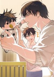 Rule 34 | +++, 1girl, 2boys, adam&#039;s apple, aged down, animal print, baby, black eyes, black hair, blue pants, blurry, blurry background, blush, carrying, carrying baby, carrying person, cat print, closed eyes, crib, family, father&#039;s day, father and son, from side, fushiguro megumi, fushiguro touji, grabbing another&#039;s face, hair between eyes, halftone, hand to own mouth, hand up, hands up, head grab, highres, husband and wife, jitome, jujutsu kaisen, laughing, long sleeves, looking at another, megumi&#039;s mother (jujutsu kaisen), mother and son, multiple boys, muscular, muscular male, no sclera, onesie, open mouth, pacifier, pants, pink shirt, pinkpanda, profile, shirt, short hair, solid circle eyes, spiked hair, teeth, upper teeth only, white shirt