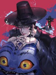 1boy 2others aegyo_sal black_hair black_hanbok blue_fur derpy_(kpop_demon_hunters) earrings extra_eyes eyes_visible_through_hair fangs fangs_out gat_(hat) gatkkeun gratia_jwj grey_eyes hair_over_one_eye hanbok hat highres jewelry jinu_(kpop_demon_hunters) korean_clothes korean_traditional_hat kpop_demon_hunters lips looking_at_viewer magpie male_focus multiple_others nose parted_bangs ring short_hair sussie_(kpop_demon_hunters) tiger upper_body yellow_eyes