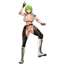 1girl abs areola_slip asymmetrical_legwear bandaid bandaids_on_nipples belt black_belt black_choker black_gloves black_pants boots breasts breasts_apart chain choker earrings elbow_pads fingerless_gloves game_cg gloves gluteal_fold gold_chain green_hair groin_tendon highres jacket jewelry knee_boots knee_pads large_breasts last_origin leather leather_gloves leather_panties leather_pants linea_alba looking_at_viewer mel_(dodosae) micro_panties mighty_r muscular muscular_female official_alternate_costume official_art open_clothes open_jacket panties pants pasties pointing pointing_up purple_eyes short_hair smile standing studded_belt sweat tachi-e thick_thighs thighs underwear wedgie white_boots white_jacket white_panties wrestler wrestling_outfit