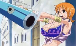 10s 1girl 2019 alabasta animated animated_gif arabian_clothes bandaged_arm bandages bare_shoulders blue_bra bra bracelet breasts brown_eyes cleavage crop_top gold_bracelet holding holding_weapon jewelry large_breasts medium_hair midriff nami_(one_piece) nami_(one_piece)_(alabasta) navel one_piece open_mouth orange_hair screaming shaking shoulder_tattoo skirt sleeveless solo spinning_weapon tagme tattoo underwear weapon