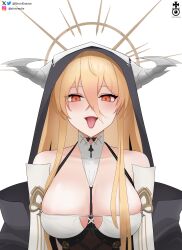 1girl absurdres artist_name azur_lane bare_shoulders blackwellkarsferatu blonde_hair breasts fake_horns fangs highres horns implacable_(azur_lane) large_breasts long_bangs looking_at_viewer nun open_mouth orange_eyes simple_background solo tongue tongue_out upper_body white_background