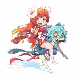 2girls amamiya_kaoruko_(kuromiya) animal_ears blue_eyes blue_hair brown_hair detached_sleeves femdom gradient_hair kanamiya_akira_(kuromiya) kuromiya long_hair multicolored_hair multiple_girls original pony_play red_hair riding short_hair simple_background sitting sitting_on_person socks thighhighs