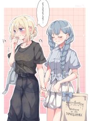 2girls alternate_hairstyle bag bang_dream! bang_dream!_it&#039;s_mygo!!!!! belt black_pants black_shirt blonde_hair blue_hair border bracelet braid closed_eyes closed_mouth collared_shirt commentary_request english_text grid_background highres holding_hands jewelry misumi_uika multiple_girls necklace outline pants pink_background ponytail purple_shirt rousei shirt short_ponytail short_sleeves skirt smile speech_bubble thought_bubble togawa_sakiko tote_bag translation_request twin_braids white_border white_outline white_skirt yuri