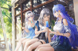 Rule 34 | 3girls, absurdres, alternate costume, black hairband, black shorts, black skirt, blue dress, blue hair, bracelet, breasts, casual, cleavage, closed mouth, commentary, dress, earrings, firefly (honkai: star rail), food, grey hair, hair ornament, hairband, halo, head wings, highres, holding, holding food, holding ice cream, holding popsicle, honkai: star rail, honkai (series), ice cream, jacket, jewelry, long hair, looking at another, multicolored wings, multiple girls, off shoulder, open clothes, open jacket, outdoors, popsicle, pout, robin (honkai: star rail), shirt, short sleeves, shorts, sitting, skirt, smile, stelle (honkai: star rail), swkl:d, symbol-only commentary, thigh strap, tongue, tongue out, trailblazer (honkai: star rail), v-shaped eyebrows, white shirt, wings, yellow eyes