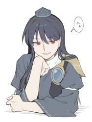 1girl :d commentary_request grin hair_between_eyes half-closed_eyes hand_on_own_chin hand_up hat highres iizunamaru_megumu looking_to_the_side open_mouth red_eyes sakic43899 simple_background smile solo tokin_hat touhou upper_body white_background