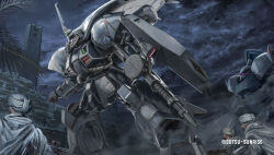 3boys arabian_clothes assault_rifle cable cloud cloudy_sky company_name copyright_notice desert dirty dust_cloud ewac_zack gelgoog glowing glowing_eye gun gundam gundam_battle_operation_2 gundam_zz lens_flare machine_gun machinery mecha military_uniform mobile_suit multiple_boys neo_zeon night official_art one-eyed painting_(medium) palm_leaf palm_tree purple_eyes radio_antenna radome realistic rifle robot ruins scan science_fiction scope shield sky soldier sunrise_(company) tenjin_hidetaka tower traditional_media tree weapon white_turban