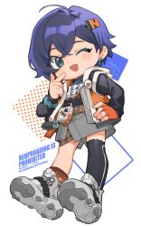 1girl belle_(zenless_zone_zero) black_thighhighs blue_eyes blue_hair chibi choco_c14 crossed_bangs full_body grey_shoes hair_between_eyes hair_ornament hand_on_own_hip hood hood_down hooded_jacket jacket long_sleeves one_eye_closed open_clothes open_jacket open_mouth orange_socks shoes short_hair simple_background single_sock single_thighhigh sneakers socks solo thighhighs zenless_zone_zero