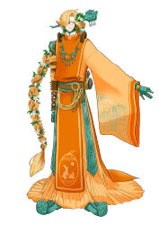1boy absurdres alternate_costume ariariariariari-bederuti arm_at_side asymmetrical_sleeves belt wallet_chain bespectacled blonde_hair braid brown_belt chinese_clothes closed_mouth crab_in_orange_(the_tale_of_food) cyborg expressionless flower flower_braid full_body glasses green_shoes hair_flower hair_ornament hair_over_one_eye hair_stick hanfu highres jewelry leaf_hair_ornament long_hair long_sleeves looking_at_viewer male_focus mechanical_arms o-ring o-ring_belt orange_blossoms orange_robe orange_tabard outstretched_arm pendant pince-nez robe round_eyewear scroll shoes simple_background single_braid sleeve_garter solo standing tabard the_tale_of_food very_long_hair white_background white_flower wide_sleeves yuntouxie