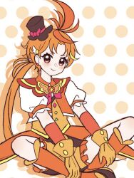 1boy black_hat boots brooch closed_mouth coattails cropped_jacket cure_wing earrings frilled_shorts frills gloves hat highres hirogaru_sky!_precure indian_style jacket jewelry knee_boots layered_gloves low_ponytail magical_boy male_focus mini_hat mini_top_hat orange_boots orange_gloves orange_hair orange_jacket orange_shorts orange_vest polka_dot polka_dot_background ponytail precure puffy_short_sleeves puffy_sleeves red_eyes shadow short_sleeves shorts sitting smile solo tilted_headwear top_hat umiyuki_(umi_chu) vest wing_brooch yuunagi_tsubasa