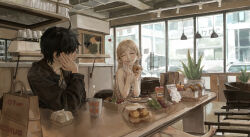 1boy 1girl absurdres ahoge araragi_koyomi barefoot black_hair blonde_hair cafe closed_eyes commentary donut eating food highres indoors kiss-shot_acerola-orion_heart-under-blade looking_at_another monogatari_(series) oshino_shinobu pointy_ears sitting smile solipsist