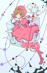 Rule 34 | 1girl, ahoge, bow, bowtie, brown hair, cardcaptor sakura, dress, duximeng, female focus, full body, gloves, green eyes, hair intakes, hat, highres, kinomoto sakura, magical girl, pink dress, short, smile, solo, staff, tagme