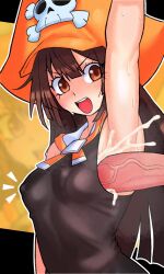 1girl arm_up armpit_sex armpits black_shirt blunt_ends blunt_sidelocks blush brown_hair champchidi covered_erect_nipples cum cum_on_armpits cum_on_body eyelashes guilty_gear hat hat_ornament highres long_hair may_(guilty_gear) notice_lines open_mouth orange_hat orange_sailor_collar penis penis_under_another&#039;s_clothes pirate_hat sailor_collar shirt skull_and_crossbones skull_hat_ornament sleeveless sleeveless_shirt sweat teeth upper_body upper_teeth_only v-shaped_eyebrows veins veiny_penis