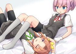 2girls bike_shorts bike_shorts_under_skirt blue_eyes collared_shirt dress_shirt gloves green_ribbon grey_skirt grey_vest hair_ribbon kagerou_(kancolle) kakizaki_(chou_neji) kantai_collection lying multiple_girls neck_ribbon one_eye_closed pink_hair pleated_skirt ponytail purple_eyes red_ribbon ribbon shiranui_(kancolle) shirt short_ponytail short_sleeves shorts shorts_under_skirt sitting skirt twintails vest white_gloves white_shirt yellow_ribbon