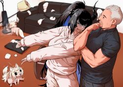 Rule 34 | 1boy, 1girl, animalization, asymmetrical horns, black hair, black horns, black shirt, cesar millan, closed eyes, couch, dog, fuwawa abyssgard, fuwawa abyssgard (dog), grey hair, haraya manawari, hololive, hololive english, hood, hoodie, horns, indoors, messy room, mococo abyssgard, mococo abyssgard (dog), nerissa ravencroft, open mouth, pants, ponytail, real life, shirt, short hair, torn clothes, torn hoodie, torn pants, vacuum cleaner, very short hair, virtual youtuber, white hoodie, white pants