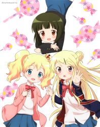 Rule 34 | 3girls, :d, absurdres, alice cartelet, artist name, black jacket, blonde hair, blue eyes, blue hoodie, blue skirt, blush, brown eyes, cardigan, collared shirt, cowboy shot, from above, green hair, hair bun, hair ornament, hairclip, hand on own chest, highres, holding hands, hood, hood down, hoodie, jacket, kin-iro mosaic, kujou karen, long hair, looking at viewer, lying, miniskirt, moegi high school uniform, multiple girls, non-web source, official art, oomiya shinobu, open cardigan, open clothes, open hoodie, open mouth, pink cardigan, pleated skirt, purple eyes, reaching, reaching towards viewer, scan, school uniform, shirt, short hair, single hair bun, skirt, smile, twintails, ueta kazuyuki, white shirt, winter uniform, x hair ornament