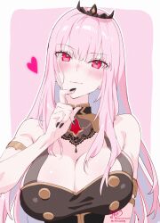 1girl absurdres armlet bare_shoulders black_dress black_nails black_tiara blush breasts closed_mouth commentary dress fingernails highres hololive hololive_english jewelry kamiya_maneki large_breasts long_hair looking_at_viewer mori_calliope mori_calliope_(1st_costume) nail_polish pink_background pink_eyes pink_hair signature smile solo tiara twitter_username two-tone_background virtual_youtuber white_background