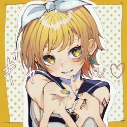 1girl arm_tattoo bare_shoulders black_sailor_collar blonde_hair blush border bow commentary_request double_gyaru_v double_v earrings foreshortening grin gyaru_v hair_bow heart highres jewelry kagamine_rin koze_azhi looking_at_viewer nail_polish number_tattoo orange_border outline outside_border polka_dot polka_dot_background sailor_collar shirt short_hair simple_background smile solo tattoo upper_body v vocaloid white_background white_bow white_outline white_shirt yellow_eyes yellow_nails