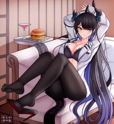 1girl asymmetrical_horns black_bra black_hair black_horns black_pantyhose blue_hair bra breasts burger cheese closed_mouth cocktail_glass colored_inner_hair commentary couch cup dasmortred drinking_glass english_commentary feet_up food gradient_hair high_heels highres hololive hololive_english horns knees_up lace lace-trimmed_bra lace_trim large_breasts long_hair looking_at_another meat multicolored_hair nerissa_ravencroft nerissa_ravencroft_(casual) official_alternate_costume on_couch pantyhose red_eyes shirt sitting slit_pupils solo table underwear virtual_youtuber white_shirt