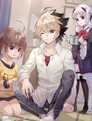 1boy 2girls ahoge bandages black_dress black_hair black_shirt blonde_hair brown_hair buttons collared_shirt dress first_aid frills headgear highres injury kido_hyde klllk layered_clothes linne_(under_night_in-birth) md5_mismatch multicolored_hair multiple_girls red_eyes red_ribbon red_shirt ribbon shirt under_night_in-birth vatista_(under_night_in-birth) white_hair yellow_shirt
