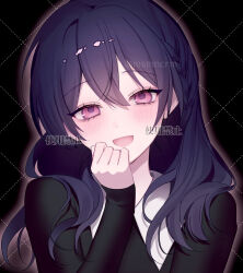 Rule 34 | 1girl, :d, absurdres, black cardigan, blush, braid, cardigan, collar, commentary request, hair between eyes, hand on own face, hand up, highres, kumo tabetai, long hair, long sleeves, looking at viewer, open mouth, original, pink eyes, purple hair, single braid, sleeves past wrists, smile, solo, upper body, watermark, white collar