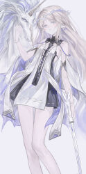1girl absurdres bare_shoulders black_collar black_dress blonde_hair blue_eyes cartethyia_(wuthering_waves) collar commentary cowboy_shot crown_of_thorns dress earrings hand_up highres holding holding_sword holding_weapon imperator_(wuthering_waves) jewelry long_hair looking_at_viewer necklace parted_bangs parted_lips pointy_ears sidelocks solo sword tabard tacet_mark_(wuthering_waves) thighs unicorn weapon white_tabard wuthering_waves yaoyao_(yoyo27456335489)