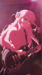 1girl blue_eyes bocchi_the_rock! closed_mouth cloverworks cowboy_shot cube_hair_ornament dot_nose electric_guitar expressionless gibson_brands_inc gibson_les_paul gotoh_hitori grey_skirt guitar hair_ornament highres holding holding_instrument instrument jacket kerorira long_hair long_sleeves music one_side_up pink_hair pink_jacket pink_theme playing_guitar playing_instrument pleated_skirt shirt shuka_high_school_uniform skirt solo stage stage_lights standing tareme track_jacket