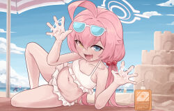 :d ahoge arm_support artist_name bare_arms bare_legs bare_shoulders batazungharn beach beach_towel bikini blue_archive blue_eyes blue_sky breasts cloud collarbone day drooling eyewear_on_head fang frilled_bikini frills hair_between_eyes hair_bobbles hair_ornament halo hands_up heterochromia highres hoshino_(blue_archive) hoshino_(swimsuit)_(blue_archive) huge_ahoge light_blush long_hair looking_at_viewer lotion lotion_bottle low_twintails lying navel ocean on_side open_mouth outdoors outstretched_hand parasol pink_hair sand_castle sand_sculpture skin_fang sky small_breasts smile solo_focus suggestive_fluid sunglasses sunglasses_on_head sunscreen swimsuit towel twintails umbrella white_bikini yellow_eyes