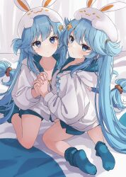 2girls absurdres bemani blue_eyes blue_hair blue_shorts blue_socks hair_ornament highres holding_hands jacket long_hair multiple_girls near_(sound_voltex) noah_(sound_voltex) rabbit_ear_headwear ripnte shorts siblings socks sound_voltex star_(symbol) star_hair_ornament thick_eyebrows twins white_jacket