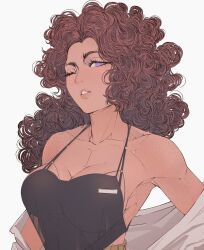 1girl apron bare_shoulders black_apron body_freckles breasts bright_pupils brown_hair cleavage clothes_pull clothing_request collarbone curly_hair dark-skinned_female dark_skin elliemaplefox eyelashes freckles highres large_breasts lips long_hair looking_at_viewer one_eye_closed original parted_lips purple_eyes see-through_clothes see-through_shirt shirt shirt_pull simple_background solo stomach toned toned_female upper_body white_background white_pupils white_shirt