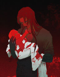 1boy absurdres arm_tattoo baby blood carrying carrying_baby carrying_person commentary diavolo highres jojo_no_kimyou_na_bouken long_hair polka_dot polka_dot_hair sang_(3soun) sleeves_rolled_up tattoo vento_aureo