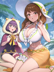 2girls :o abs adjusting_clothes adjusting_swimsuit beach bernadetta_von_varley bernadetta_von_varley_(summer) bikini blush braid braided_ponytail breast_envy breasts brown_hair cleavage fire_emblem fire_emblem:_three_houses fire_emblem_engage fire_emblem_heroes flower flower_hat frilled_bikini frilled_thigh_strap frills front-tie_top goldmary_(fire_emblem) goldmary_(summer)_(fire_emblem) gonzarez grey_eyes hair_between_eyes halterneck hands_up hat highres hood huge_breasts long_hair looking_at_viewer mole mole_on_breast multiple_girls narrowed_eyes navel nintendo ocean official_alternate_costume one-piece_swimsuit open_mouth purple_hair sarong sitting skindentation sky strap_pull swept_bangs swimsuit thigh_strap thighs white_bikini white_flower white_hat