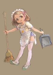 1girl apron broom brown_background brown_eyes brown_hair dustpan frilled_apron frills guma gym_shorts gym_uniform hair_ornament hair_ribbon highres holding holding_broom holding_dustpan leaning_forward loli looking_at_viewer maid_headdress open_mouth original bad_tag ribbon short_hair shorts simple_background slippers smile teeth thighhighs upper_teeth_only white_thighhighs