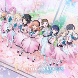 6+girls :d ;d absurdres anyoji_hime arm_up arms_behind_back ascot bare_shoulders beret black_hair black_hat black_ribbon black_shoes blonde_hair blue_ascot blue_eyes blue_hair blue_ribbon blunt_bangs blunt_ends bob_cut boots breasts brown_hair center-flap_bangs ceras_yanagida_lilienfeld cherry_blossoms clenched_hands closed_mouth clothing_cutout day dress dutch_angle elbow_gloves falling_petals flats flower flower_knot frilled_ascot frills full_body gloves green_eyes grey_hair hair_flower hair_intakes hair_ornament hair_ribbon hat highres hinoshita_kaho in-universe_location kachimachi_kosuzu katsuragi_izumi knee_boots large_breasts layered_dress link!_like!_love_live! long_hair long_sleeves looking_at_viewer love_live! mary_janes medium_breasts medium_dress momose_ginko multi-tied_hair multiple_girls murano_sayaka neck_ribbon official_alternate_costume official_art one_eye_closed open_hands open_mouth orange_eyes orange_hair osawa_rurino outdoors parted_lips petals pink_dress pink_eyes pink_flower pink_hair pleated_dress ponytail rabbit_hair_ornament raised_fist ribbon school second-party_source shoes short_hair shoulder_cutout sleeveless sleeveless_dress slit_pupils smile socks song_name split_mouth standing teeth twintails two_side_up upper_teeth_only white_boots white_dress white_gloves white_socks wolf_cut
