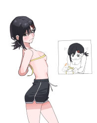 1girl blush bust_measuring chainsaw_man dolphin_shorts higashiyama_kobeni highres measuring moti1250 shorts simple_background solo tape_measure topless_female white_background