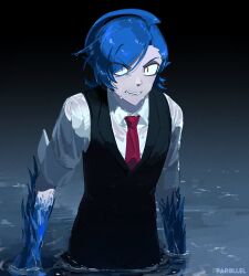 1boy arms_at_sides bird_boy black_background black_pants black_vest blue_feathers blue_hair buttons cass_(par0llel) collared_shirt commentary english_commentary eyes_visible_through_hair feathers film_grain gradient_background grey_background highres looking_ahead male_focus necktie original pants par0llel parted_lips partially_submerged pointy_ears red_eyes red_necktie shirt short_hair short_sleeves solo teeth upper_body v-shaped_eyebrows vest water wet wet_clothes wet_shirt wide-eyed