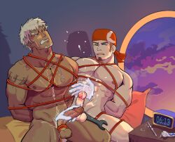 Rule 34 | 2boys, abs, alarm clock, bandana, bara, bdsm, beard, bed, billy (gyee), blue eyes, bondage, bound, brown hair, clock, cloud, cloudy sky, creed (gyee), cum, cum on body, dark skin, disembodied hand, ejaculation, erection, facial hair, feet out of frame, grey hair, gyee, highres, jewelry, large pectorals, male focus, manly, mature male, multiple boys, muscular, muscular arms, muscular male, necklace, nipples, on bed, one eye closed, pectorals, penis, shibari, sky, sounding rod, spiked hair, stc kw, sunset, tattoo, testicles, thick eyebrows, thighs, tools, toothpaste, window, yaoi, yellow eyes