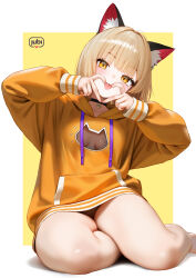 Rule 34 | 1girl, :p, absurdres, animal ear fluff, animal ears, animal print, artist name, black choker, blonde hair, blush, border, breasts, brown eyes, brown hoodie, cat cutout, cat ears, cat girl, cat print, choker, clothing cutout, commentary, four-finger heart hands, head tilt, heart, heart hands, highres, hood, hood down, hoodie, indoors, long sleeves, looking at viewer, no pants, orange hoodie, original, outside border, puffy long sleeves, puffy sleeves, regiana (jubi), see-through cleavage, see-through clothes, short hair, sitting, small breasts, solo, thighs, tongue, tongue out, white border, yellow background, yellow eyes, yokozuwari