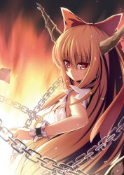 1girl blonde_hair bow brown_hair chain dinyc female_focus fire hair_bow horns ibuki_suika long_hair looking_back matching_hair/eyes orange_eyes orange_hair ribbon solo touhou wrist_cuffs