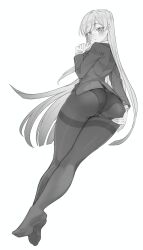1girl absurdres ass ass_lift ass_support black_pantyhose blush eiai_nano full_body greyscale highres hornfelstone kimi_no_koto_ga_dai_dai_dai_dai_daisuki_na_100-nin_no_kanojo long_hair monochrome panties panties_visible_through_clothes pantyhose simple_background sketch underwear white_background