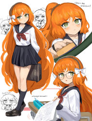1girl academic_test alternate_costume bag black-framed_eyewear black_skirt black_socks blush board_eraser bob_cut bow bubble_tea chair chalkboard chibi chibi_inset closed_mouth desk drinking english_text engrish_text eraser erasing freckles green_eyes hair_bow hairband highres holding holding_bag holding_paper ishmael_(project_moon) limbus_company loafers long_hair looking_at_viewer marshmallow_(site) motion_lines multiple_views neckerchief orange_hair paper parted_lips pen pencil_case pleated_skirt ponytail project_moon ranguage request_inset ro/ku school_bag school_chair school_desk school_emblem school_uniform serafuku shoes skirt socks very_long_hair