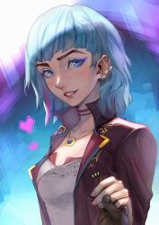 1boy 1girl aqua_hair arcane:_league_of_legends arcane_jinx black_jacket blue_eyes blue_eyeshadow blue_gemstone breasts choker dark-skinned_male dark_skin dress earrings ekko_(league_of_legends) eyeshadow firelight_ekko gem highres holding_hands jacket jewelry jinx_(league_of_legends) league_of_legends light_blush looking_at_viewer makeup medium_breasts medium_hair multicolored_hair multiple_earrings necklace out_of_frame parted_lips pink_hair smile two-tone_hair upper_body vinetsu white_dress