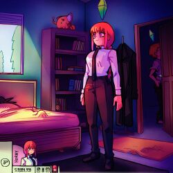 alpharecdyt breasts chainsaw_man denji_(chainsaw_man) erection_under_blanket formal_clothes heads-up_display highres implied_fellatio implied_sex indoors makima_(chainsaw_man) necktie pochita_(chainsaw_man) ponytail red_hair ringed_eyes son_goku suit the_sims user_interface video_game when_you_see_it