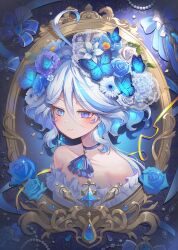 Rule 34 | 1girl, ahoge, ascot, bare shoulders, blue ascot, blue bow, blue butterfly, blue choker, blue eyes, blue flower, blue hair, blue ribbon, bow, brooch, bug, butterfly, choker, collarbone, commentary request, flower, furina (genshin impact), furina (old design) (genshin impact), genshin impact, hair between eyes, hayun, heterochromia, highres, insect, jewelry, long hair, multicolored hair, revision, ribbon, smile, solo, strapless, streaked hair, two-tone hair, white flower, white hair