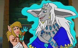 2boys :o archaic_set_(zelda) blonde_hair blue_eyes brown_eyes colored_skin furry furry_male ghost grey_skin horns jewelry link link:_the_faces_of_evil multiple_boys necklace nintendo parody pointy_ears rauru_(tears_of_the_kingdom) stardraw123 style_parody the_legend_of_zelda the_legend_of_zelda:_tears_of_the_kingdom the_legend_of_zelda_(cd-i) white_hair zonai