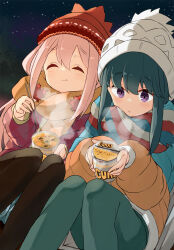 2girls barashiya closed_mouth cup_ramen eating green_hair hat highres kagamihara_nadeshiko meal multiple_girls nissin_cup_noodle pink_hair purple_eyes scarf shima_rin sidelocks sitting upper_body winter_clothes yurucamp